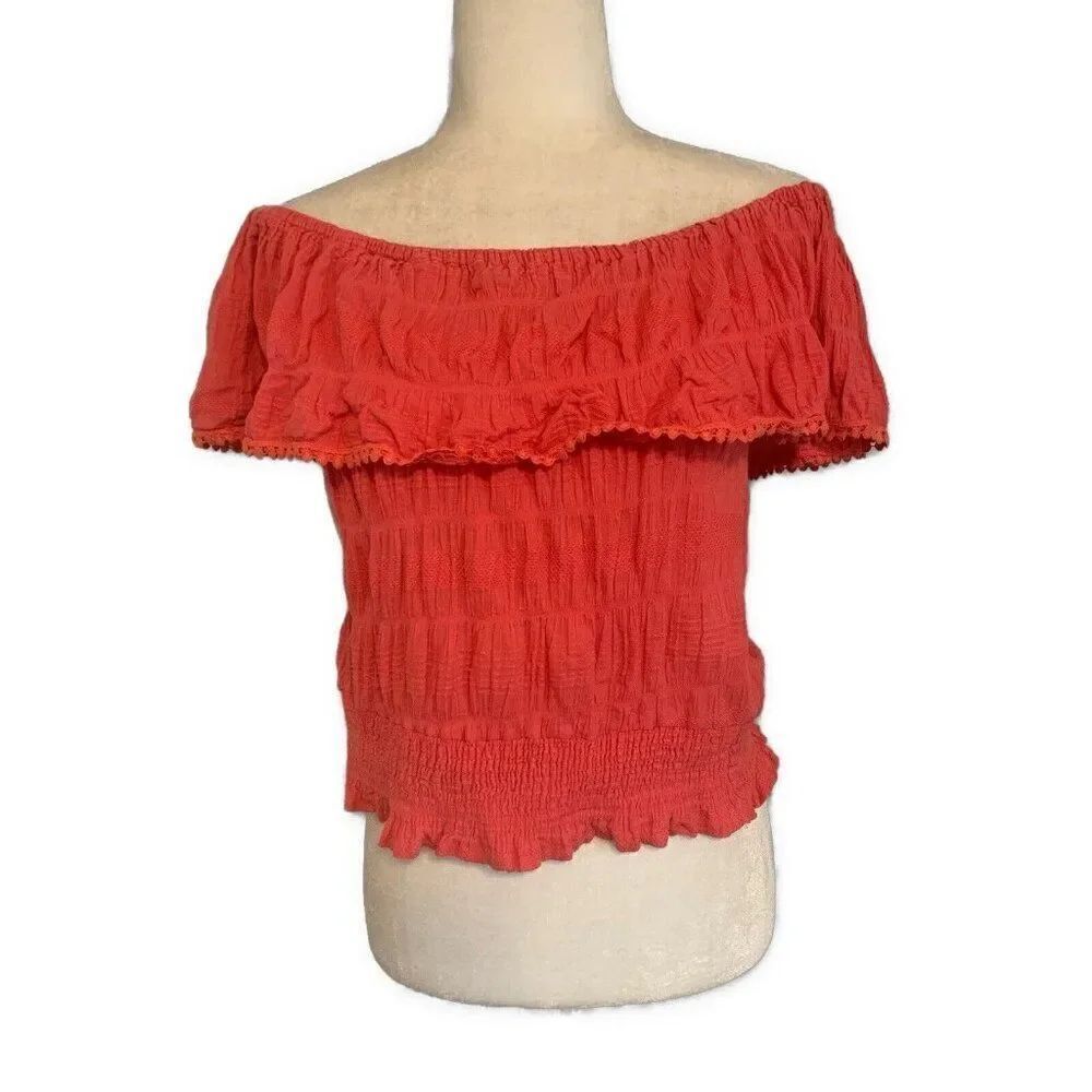 Esley Solid Coral Pink Bohemian Cold Off Shoulder Crop Top Small